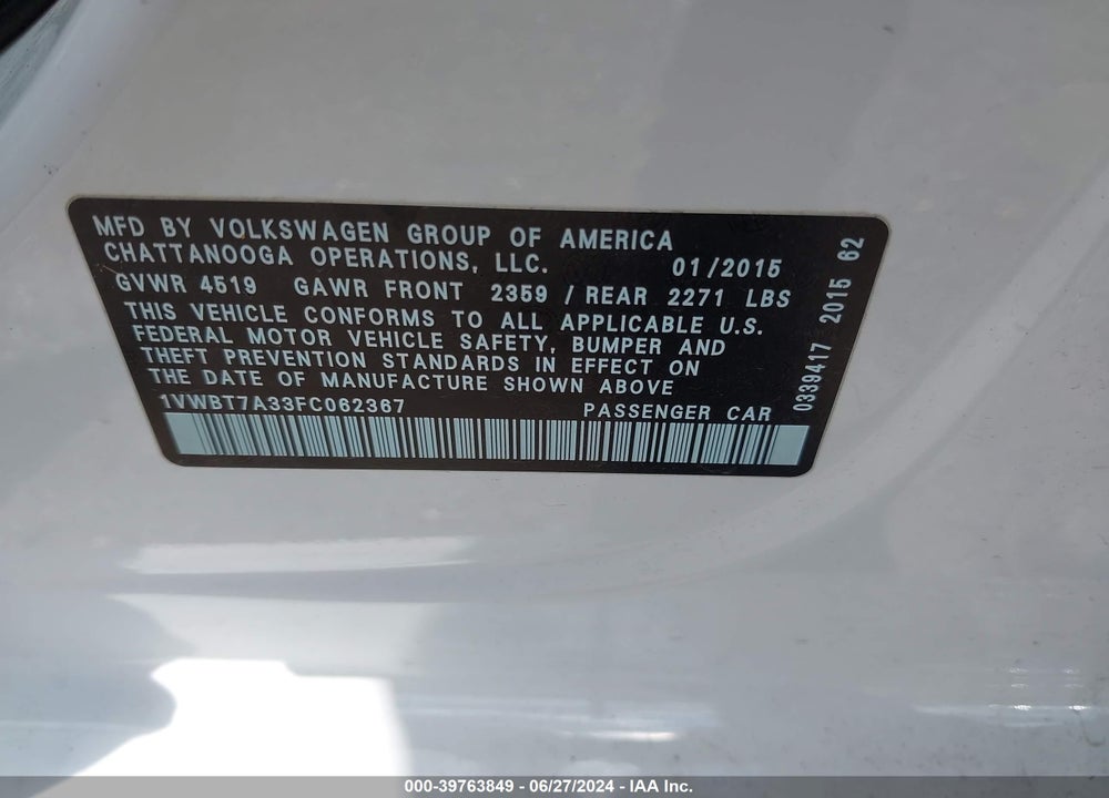 2015 VOLKSWAGEN PASSAT 1.8T SE VIN: 1VWBT7A33FC062367