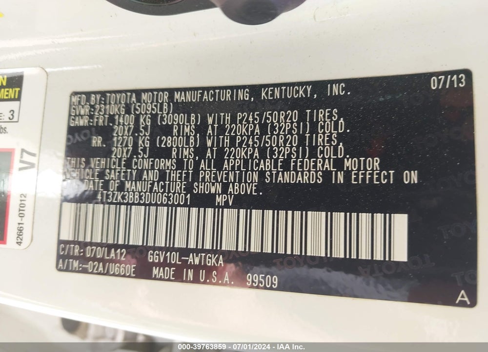 2013 TOYOTA VENZA XLE V6 VIN: 4T3ZK3BB3DU063001