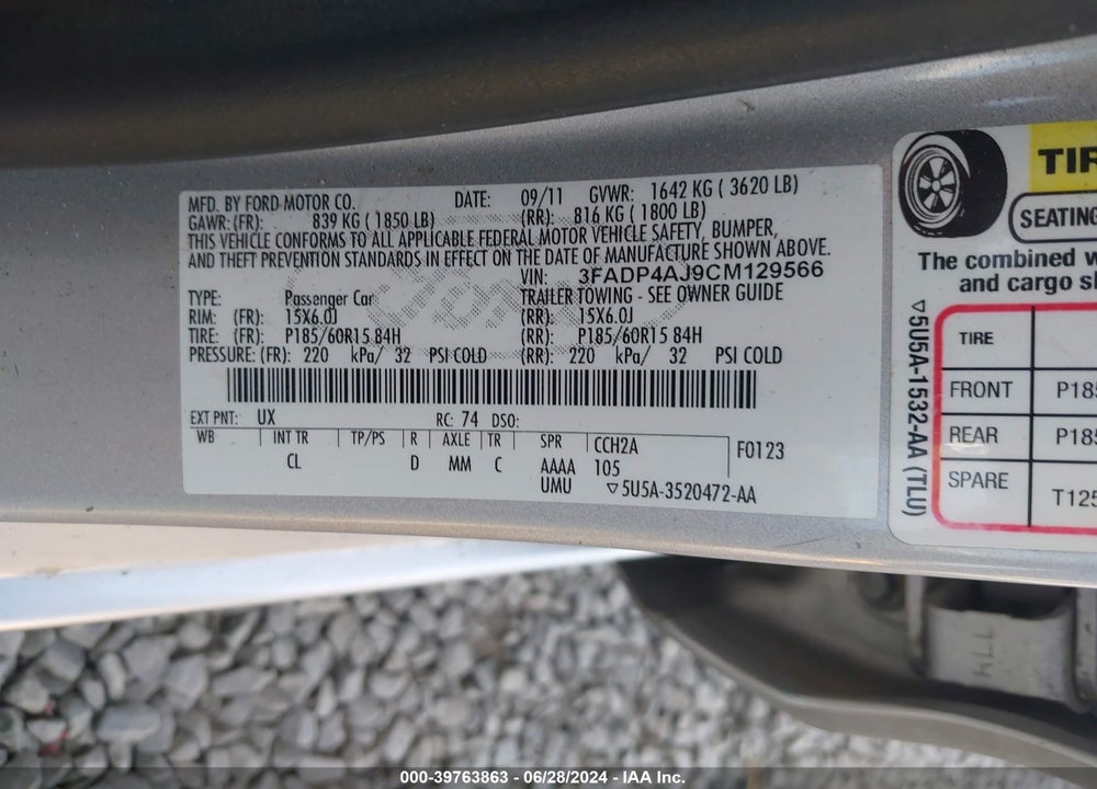 2012 FORD FIESTA S VIN: 3FADP4AJ9CM129566