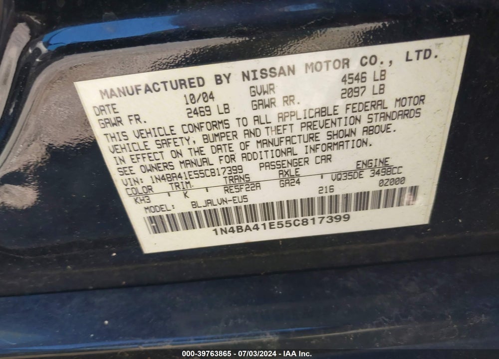 2005 NISSAN MAXIMA 3.5 SL VIN: 1N4BA41E55C817399