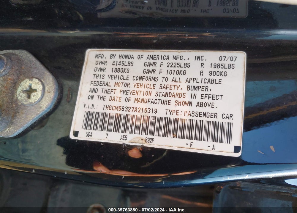 2007 HONDA ACCORD 2.4 SE VIN: 1HGCM56327A215319