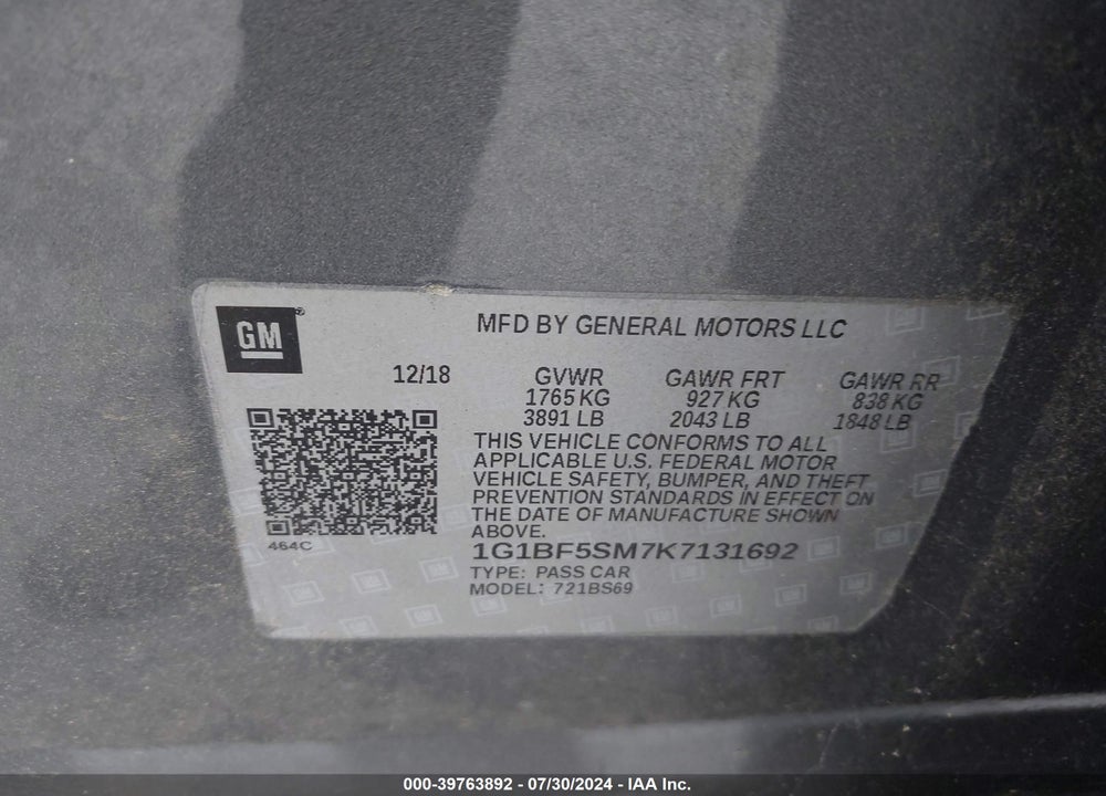 2019 CHEVROLET CRUZE PREMIER VIN: 1G1BF5SM7K7131692