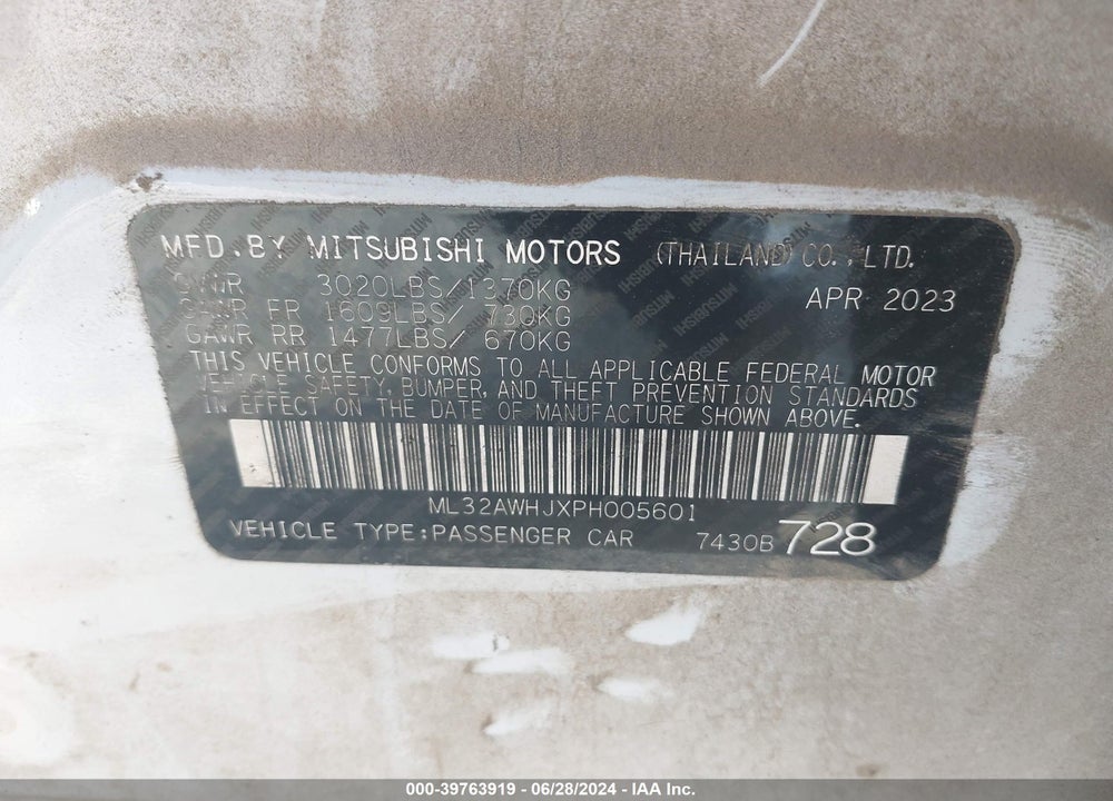 2023 MITSUBISHI MIRAGE VIN: ML32AWHJXPH005601