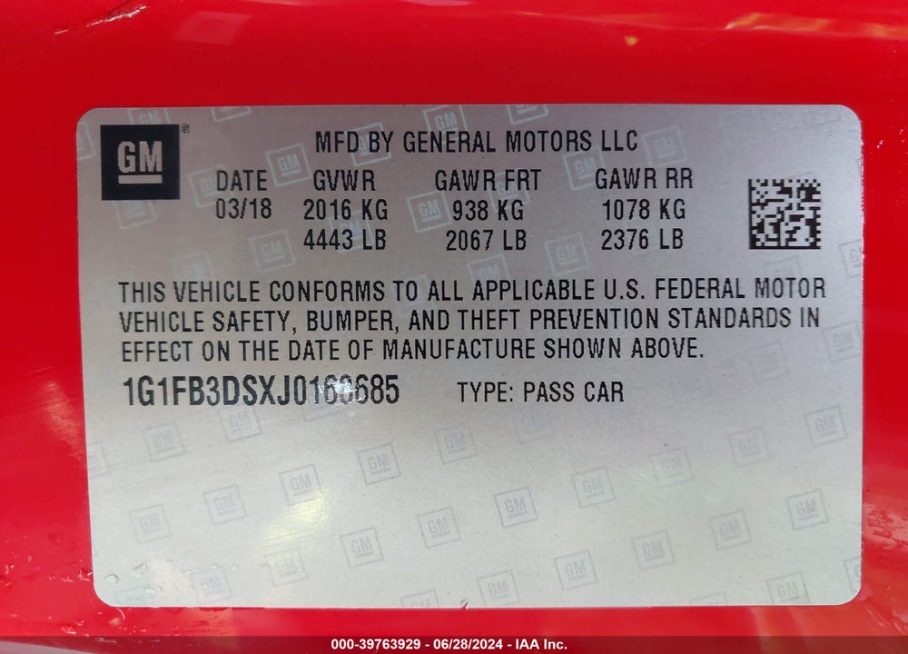 2018 CHEVROLET CAMARO 1LT VIN: 1G1FB3DSXJ0163685