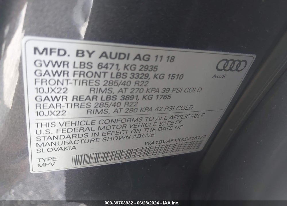 2019 AUDI Q8 55 PREMIUM VIN: WA1BVAF1XKD018172