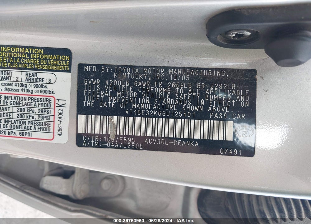 2006 TOYOTA CAMRY STD/ VIN: 4T1BE32K66U125401