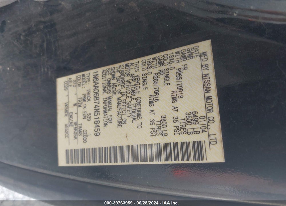 2004 NISSAN TITAN SE VIN: 1N6AA06B74N518459