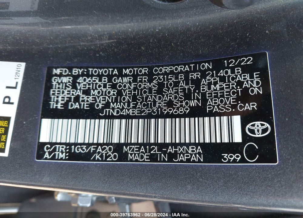 2023 TOYOTA COROLLA SE VIN: JTND4MBE2P3199689