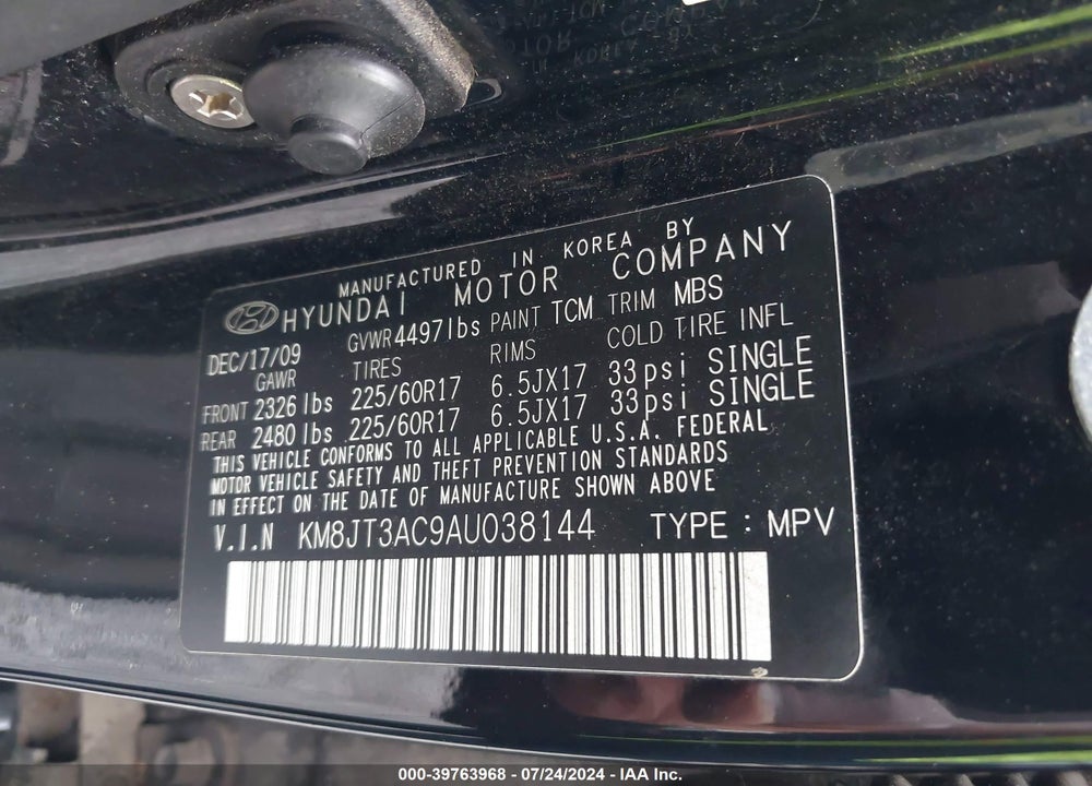 2010 HYUNDAI TUCSON GLS VIN: KM8JT3AC9AU038144