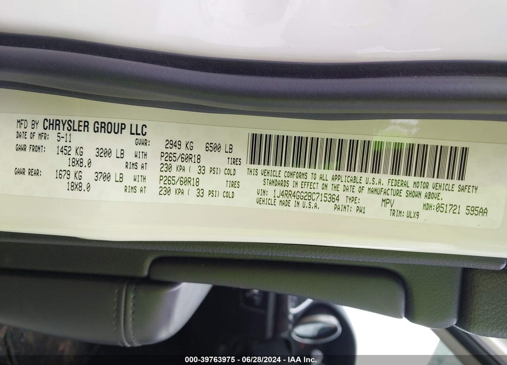 2011 JEEP GRAND CHEROKEE LAREDO VIN: 1J4RR4GG2BC715364