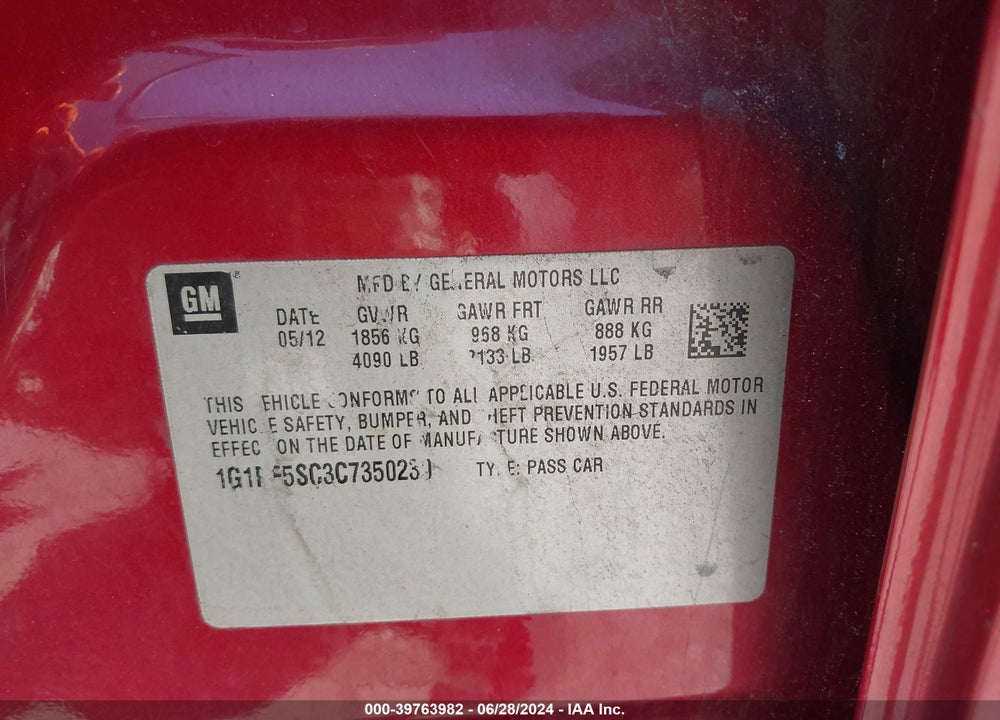 2012 CHEVROLET CRUZE 1LT VIN: 1G1PF5SC3C7350230