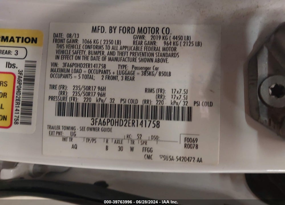 2014 FORD FUSION SE VIN: 3FA6P0HD2ER141758