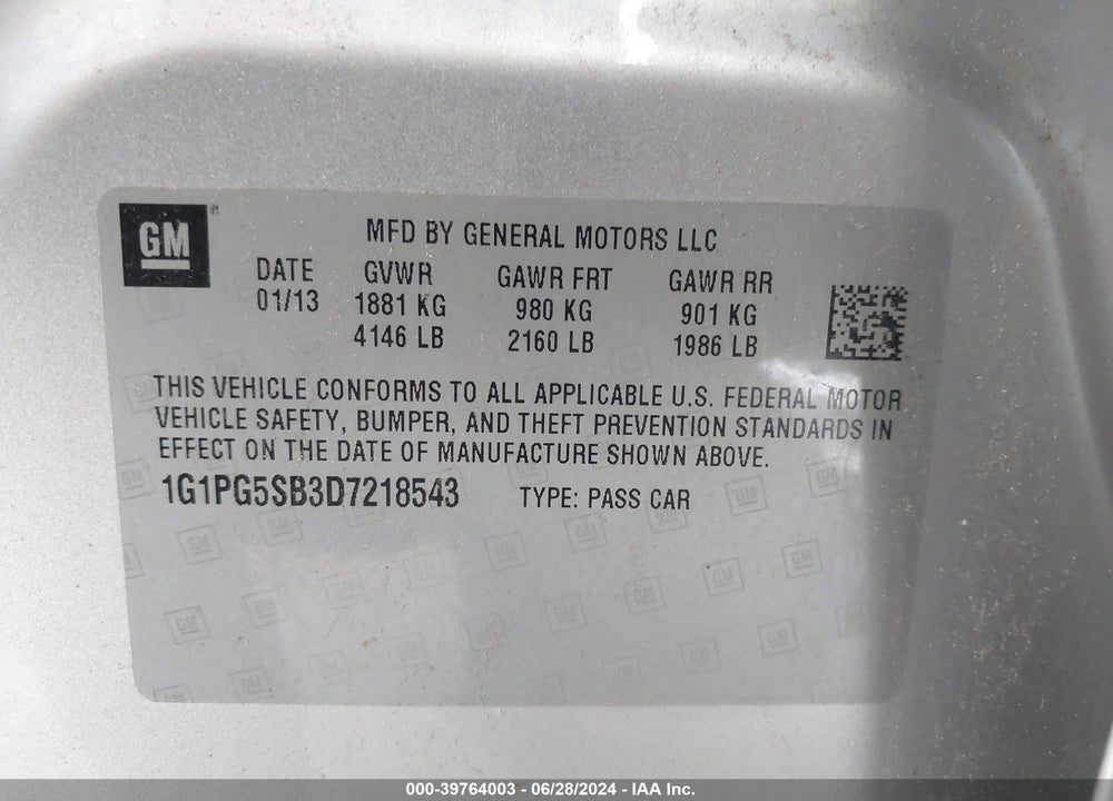 2013 CHEVROLET CRUZE LTZ VIN: 1G1PG5SB3D7218543