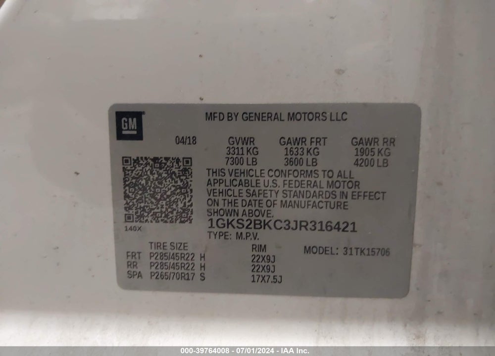 2018 GMC YUKON SLT VIN: 1GKS2BKC3JR316421