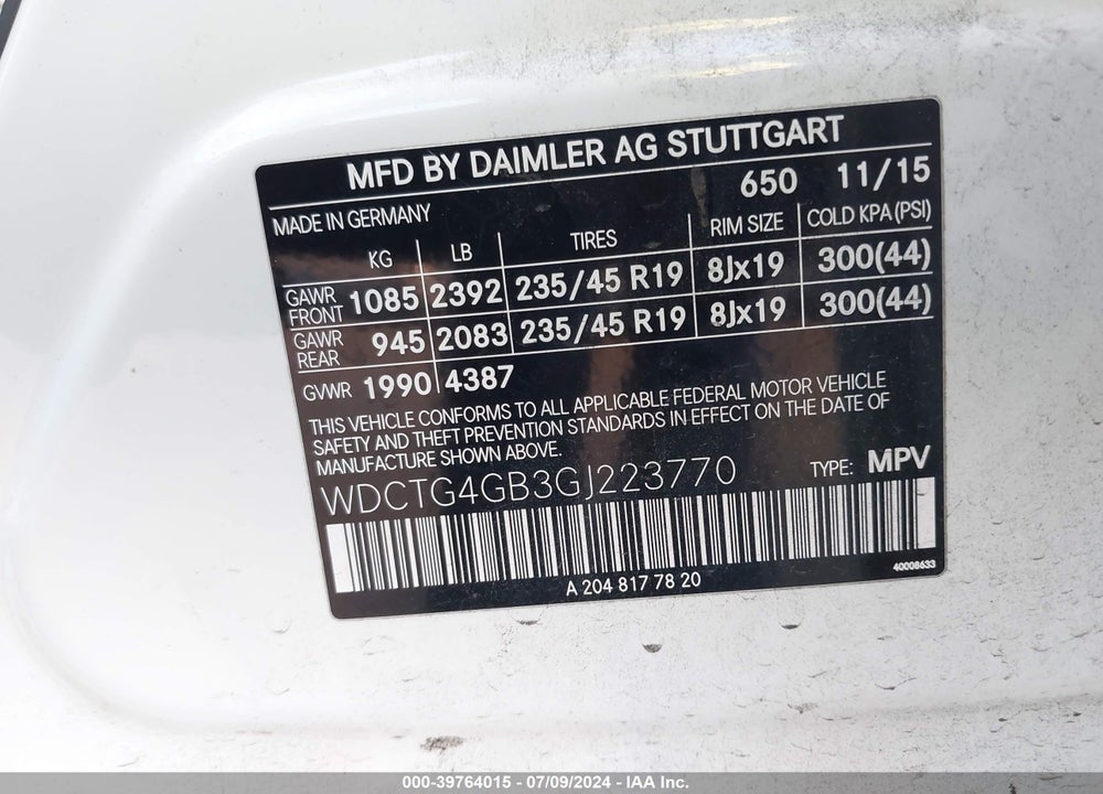 2016 MERCEDES-BENZ GLA 250 4MATIC VIN: WDCTG4GB3GJ223770