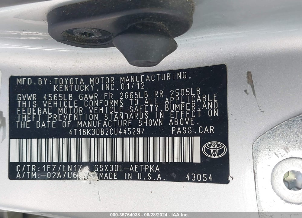 2012 TOYOTA AVALON LIMITED VIN: 4T1BK3DB2CU445297