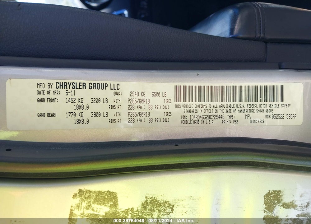 2011 DODGE DURANGO CREW VIN: 1D4RD4GG2BC729448