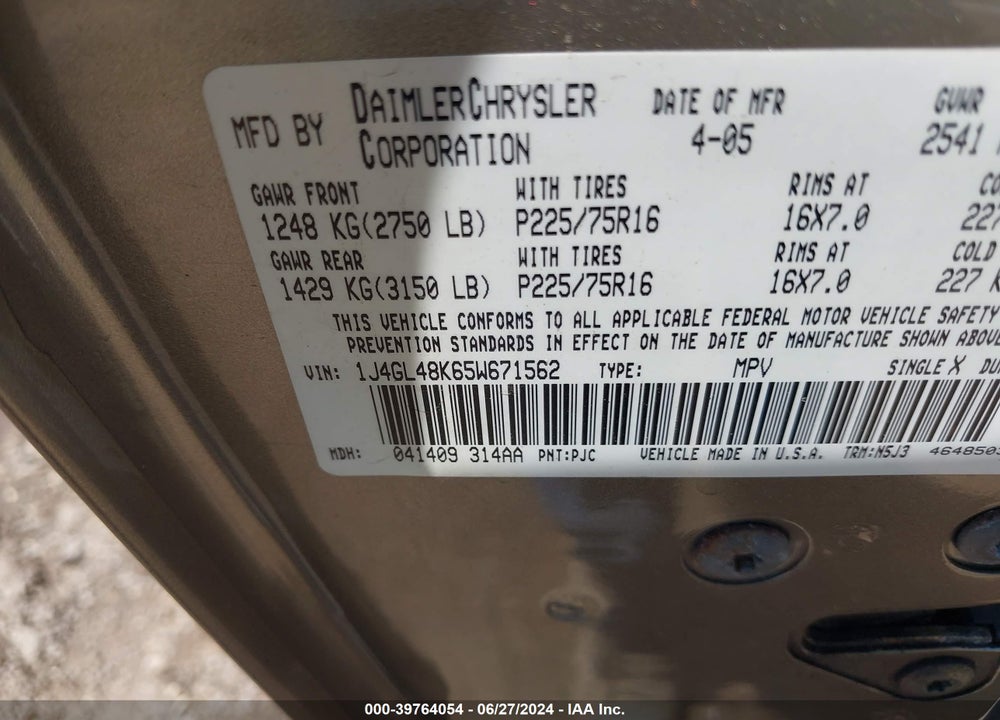 2005 JEEP LIBERTY SPORT VIN: 1J4GL48K65W671562
