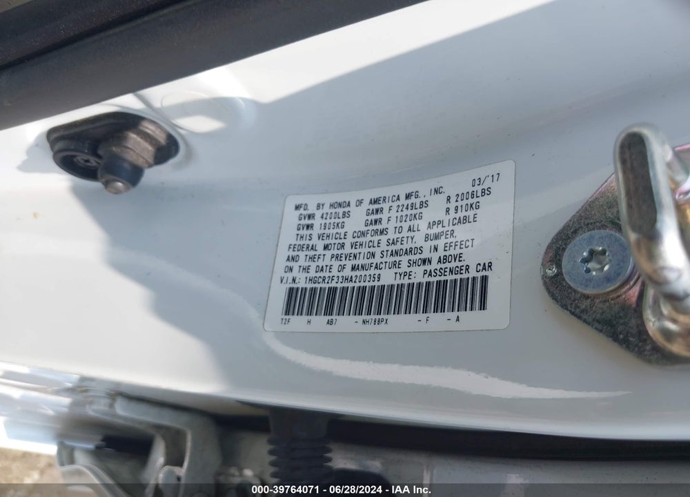 2017 HONDA ACCORD LX VIN: 1HGCR2F33HA200359
