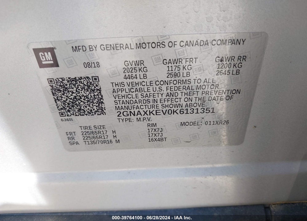 2019 CHEVROLET EQUINOX LT VIN: 2GNAXKEV0K6131351