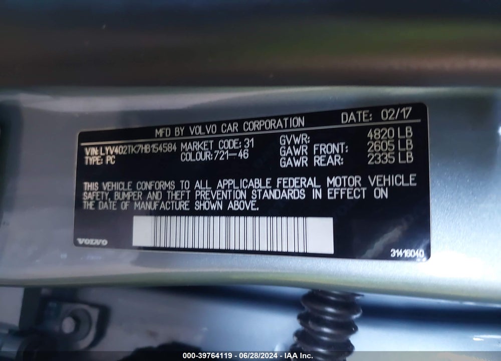 2017 VOLVO S60 INSCRIPTION T5 VIN: LYV402TK7HB154584