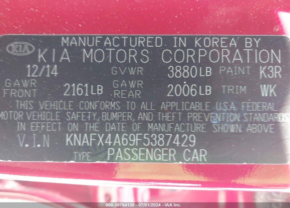 2015 KIA FORTE LX VIN: KNAFX4A69F5387429