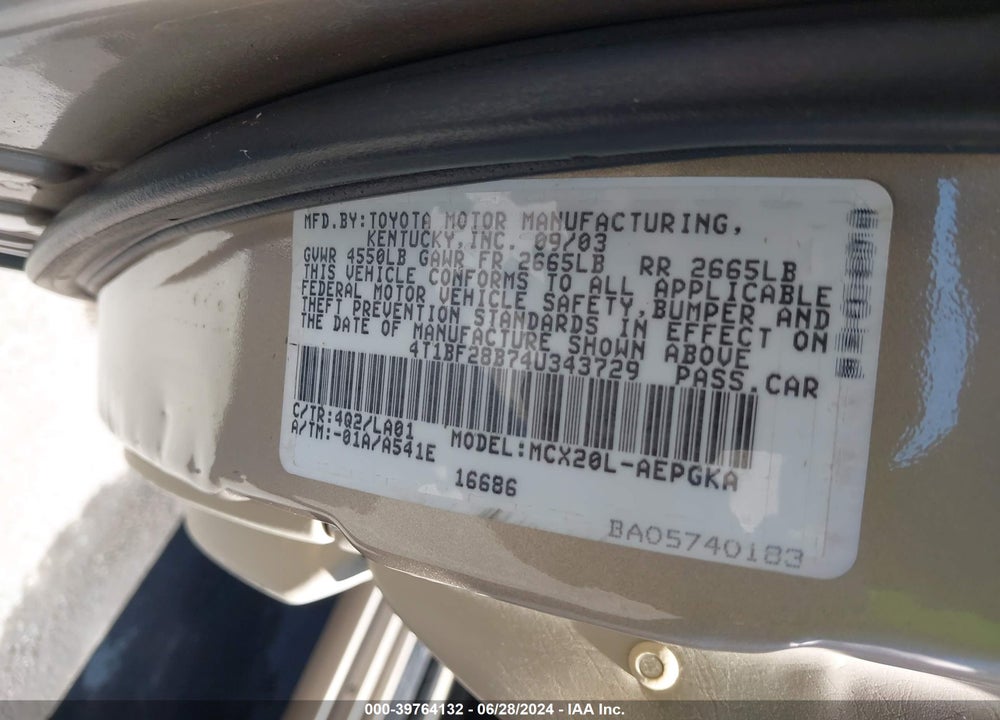2004 TOYOTA AVALON XLS VIN: 4T1BF28B74U343729