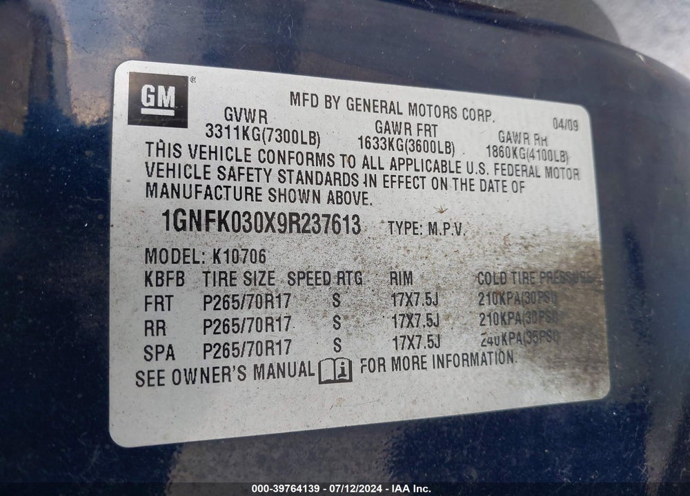2009 CHEVROLET TAHOE SPECIAL SERVICES VIN: 1GNFK030X9R237613