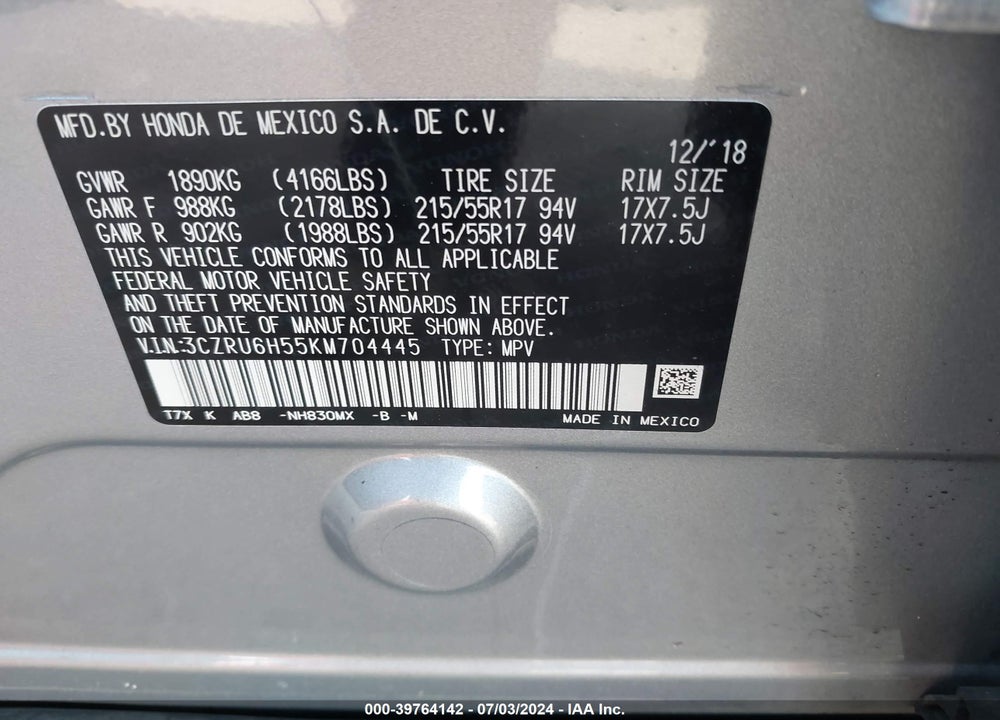 2019 HONDA HR-V VIN: 3CZRU6H55KM704445