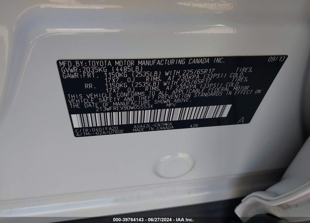 2013 TOYOTA RAV4 XLE VIN: 2T3WFREV9DW055534