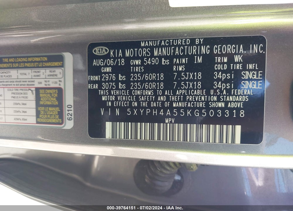 2019 KIA SORENTO 3.3L EX VIN: 5XYPH4A55KG503318
