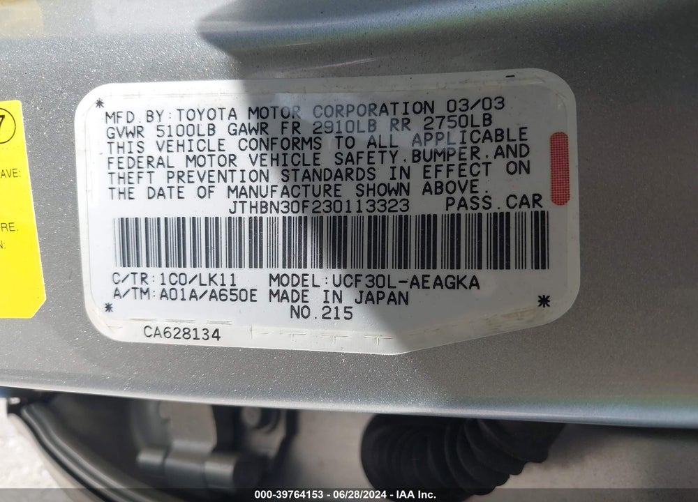 2003 LEXUS LS 430 VIN: JTHBN30F230113323