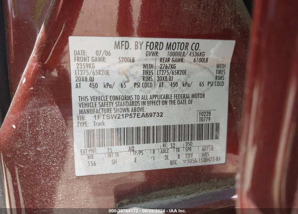 2007 FORD F-250 LARIAT/XL/XLT VIN: 1FTSW21P57EA69732