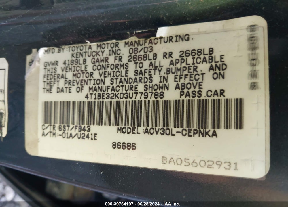 2003 TOYOTA CAMRY LE VIN: 4T1BE32K03U779788