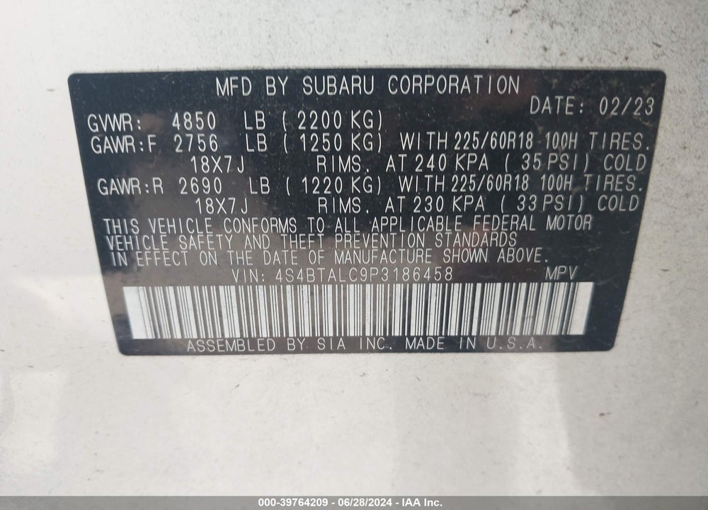 2023 SUBARU OUTBACK ONYX EDITION VIN: 4S4BTALC9P3186458