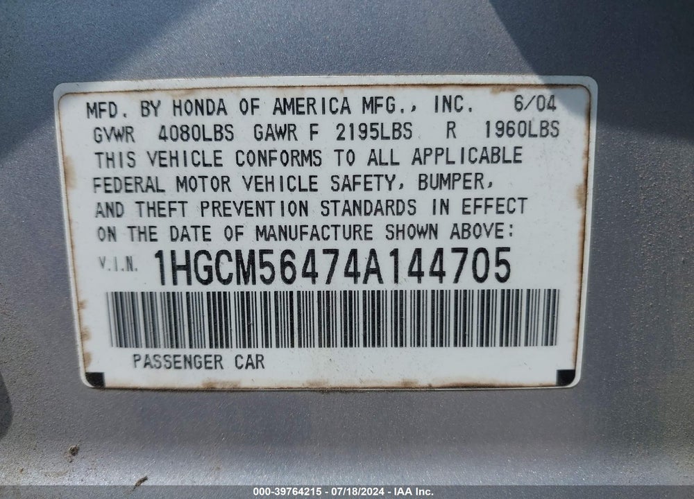 2004 HONDA ACCORD 2.4 LX VIN: 1HGCM56474A144705
