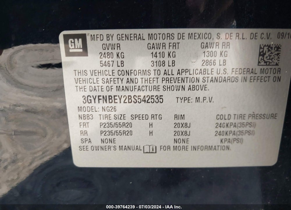 2011 CADILLAC SRX PERFORMANCE COLLECTION VIN: 3GYFNBEY2BS542535