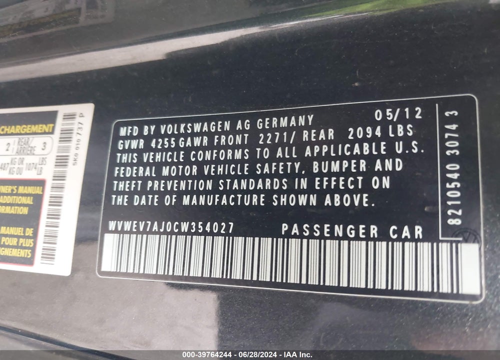 2012 VOLKSWAGEN GTI 2-DOOR AUTOBAHN VIN: WVWEV7AJ0CW354027