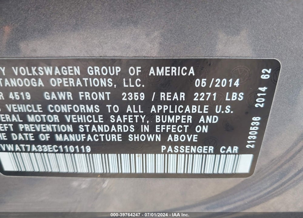 2014 VOLKSWAGEN PASSAT 1.8T WOLFSBURG EDITION VIN: 1VWAT7A33EC110119