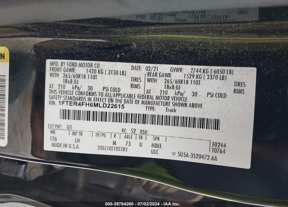 2021 FORD RANGER XL VIN: 1FTER4FH6MLD22615