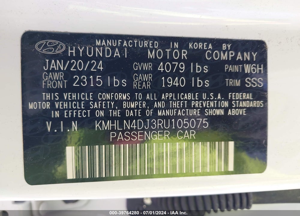 2024 HYUNDAI ELANTRA HYBRID LIMITED VIN: KMHLN4DJ3RU105075
