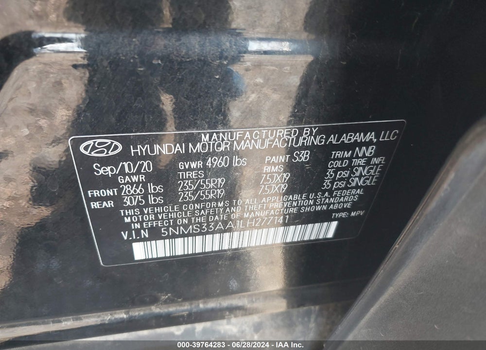 2020 HYUNDAI SANTA FE VIN: 5NMS33AA1LH277141