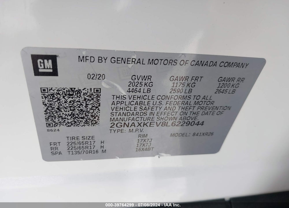 2020 CHEVROLET EQUINOX FWD LT 1.5L TURBO VIN: 2GNAXKEV8L6229044