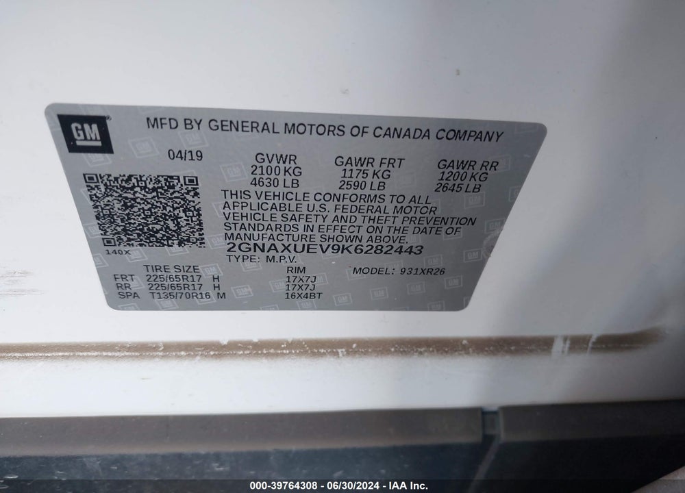 2019 CHEVROLET EQUINOX LT VIN: 2GNAXUEV9K6282443