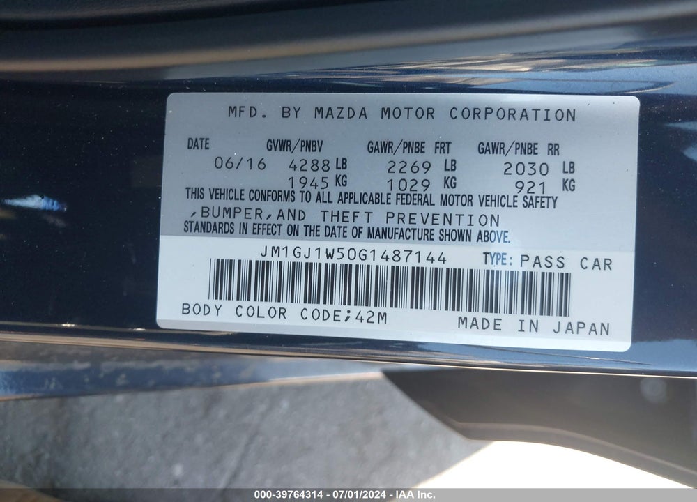 2016 MAZDA 6 I GRAND TOURING VIN: JM1GJ1W50G1487144