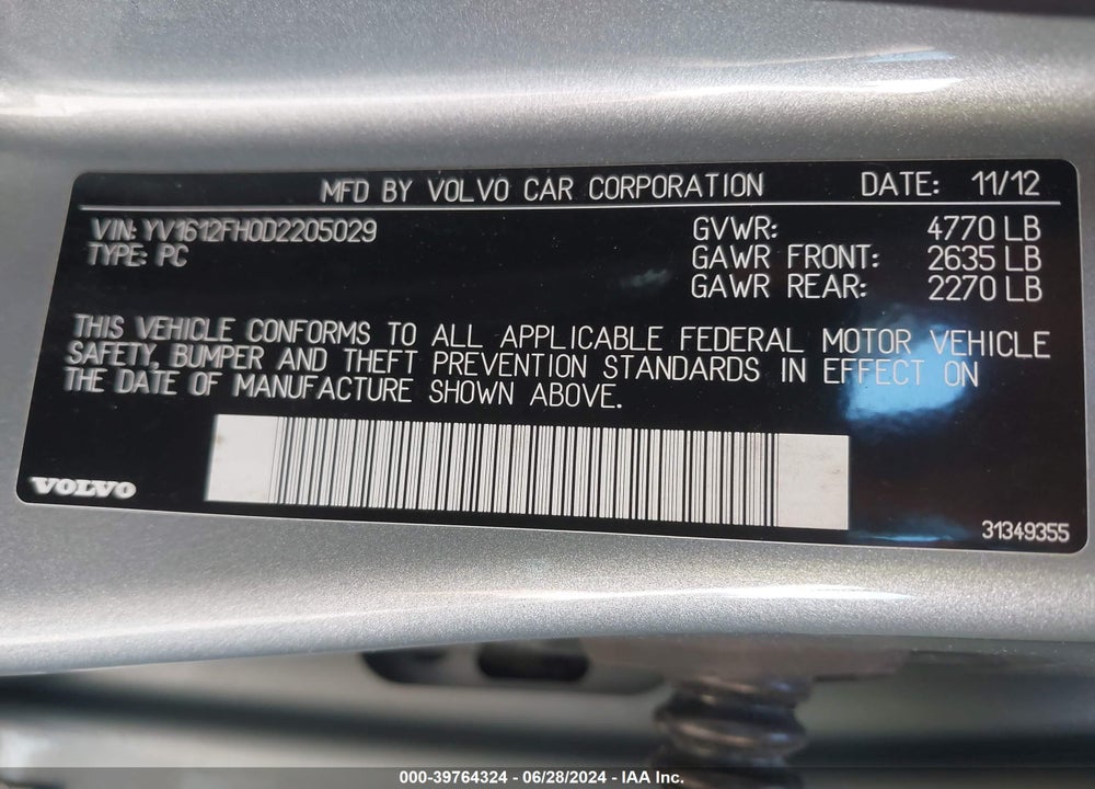 2013 VOLVO S60 T5/T5 PLATINUM/T5 PREMIER/T5 PREMIER PLUS VIN: YV1612FH0D2205029