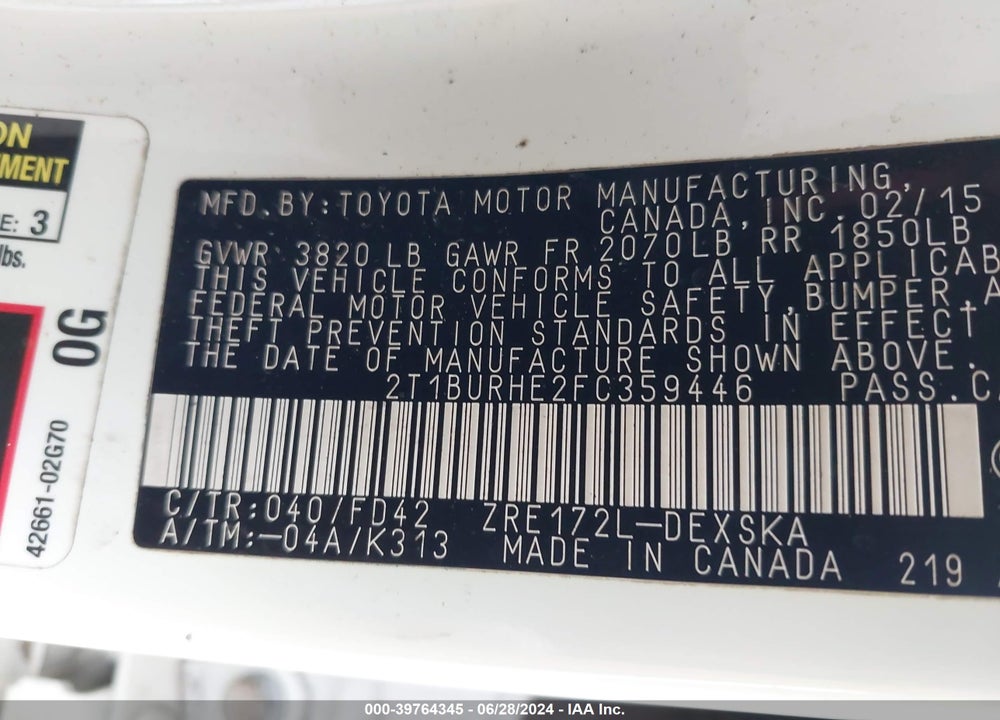 2015 TOYOTA COROLLA S VIN: 2T1BURHE2FC359446