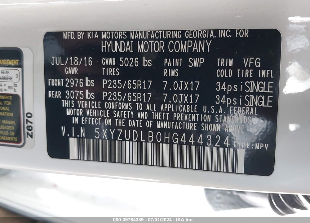 2017 HYUNDAI SANTA FE SPORT 2.4L VIN: 5XYZUDLB0HG444324