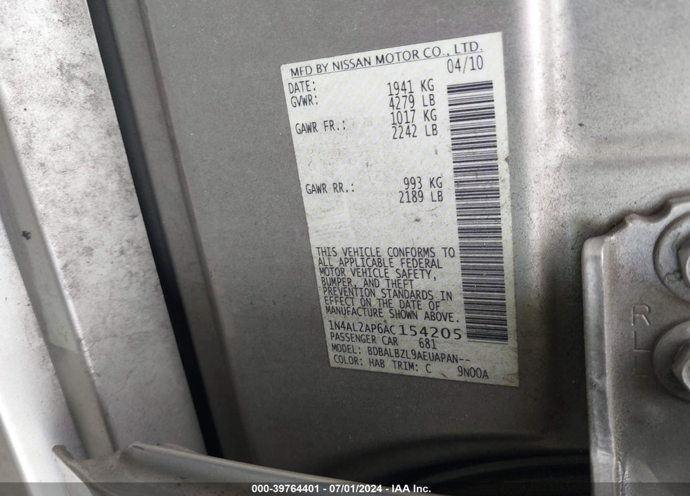 2010 NISSAN ALTIMA 2.5 S VIN: 1N4AL2AP6AC154205