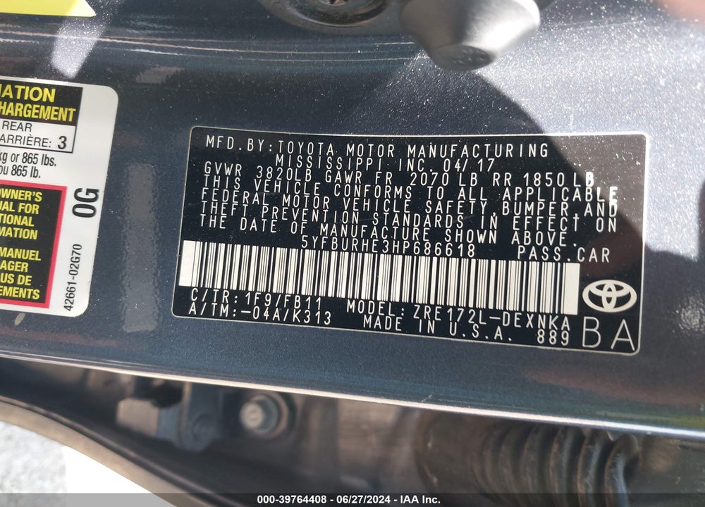 2017 TOYOTA COROLLA LE VIN: 5YFBURHE3HP686618
